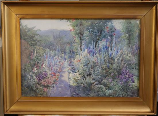 Attributed to Beatrice Parsons Herbaceous borders in a garden 9 x 13.5in.